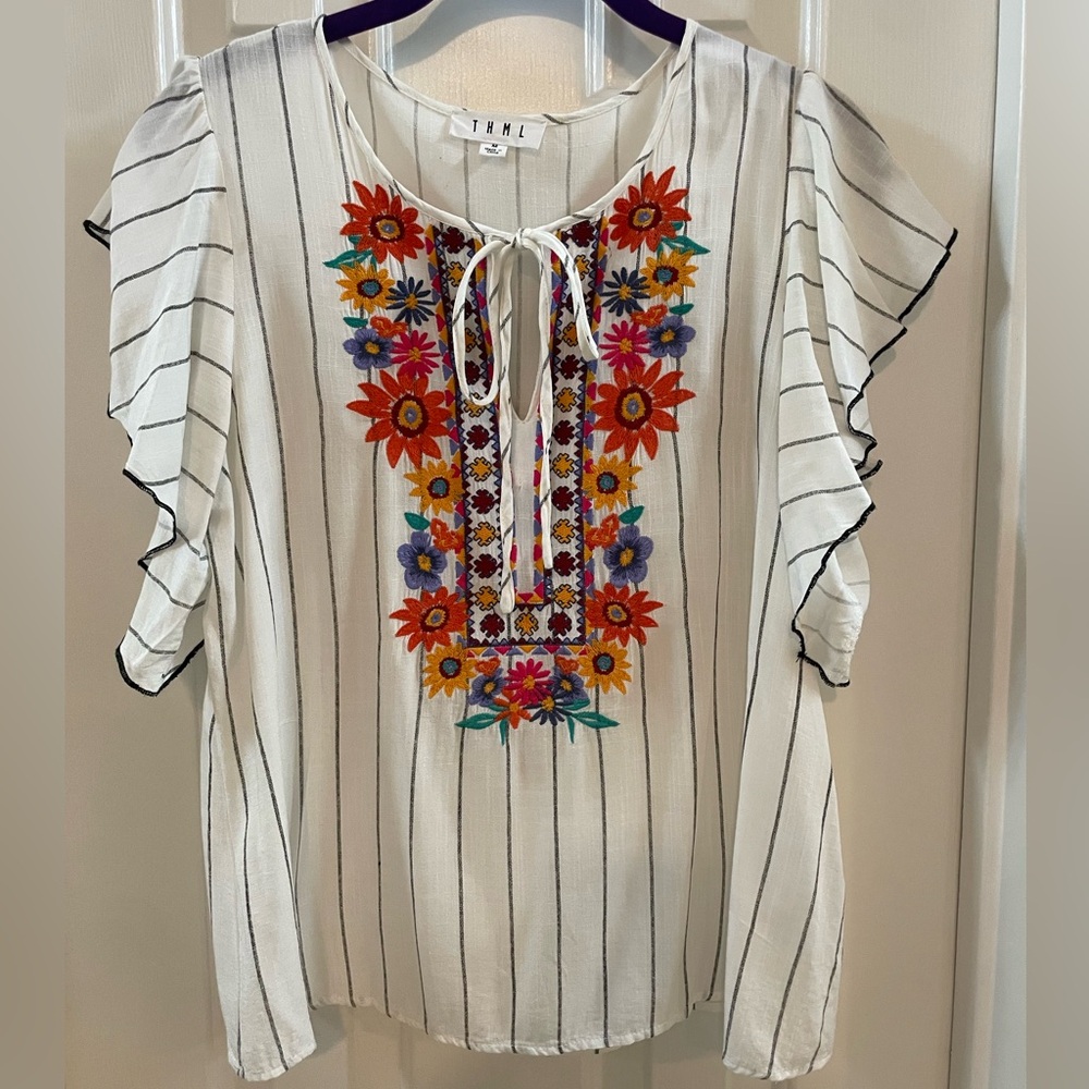 THML White Embroidered Tie-Neck Floral Stripe Top